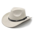Dettaglio cappello cowboy beige in finta pelle scamosciata con fascia nera e cuciture a mano - Camoscio / Beige