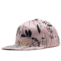 Detailed macro shot of floral print on pink satin baseball cap with holographic sticker - Pink Satin Fresh Floral (05)