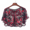 Black mesh shrug with red sequin paisley embroidery on a wooden hanger - Black Red