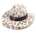 Leopard print western cowboy hat with studded leather band and silver bull skull buckle - M (56-58cm) / Straight Top / White