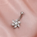 Silver flower navel ring with marquise zircon petals on soft pink silk backdrop - Six-Petal Flower Dangle (A-1459)