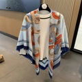 Light blue cotton linen large square shawl with orange chain prints and navy blue tassels - 130*130cm / Light Blue Chain Pattern (MZF-069)