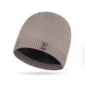 Winter core-spun yarn knit beanie in taupe color with soft fleece lining and leather logo - One Size / Khaki