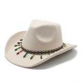 Western wool fedora hat with ethnic woven band and colorful bead pendants for men and women - M (56-58cm) / Beige