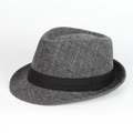 Detailed texture of dark grey herringbone wool felt fedora with a black grosgrain ribbon band - Adjustable / Gray