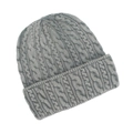 Detalle de la textura de punto de ochos y del ala ancha del gorro gris de invierno - Azul Claro