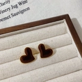 Brown flocked heart stud earrings with gold trim on jewelry display tray - Heart Shape (HE29253) / Brown