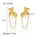 Detail view of gold leaf tassel earrings with stars showing dimensions 72mm by 23mm - Leaf Star Tassel Long Style (HF-E3345) / Gold