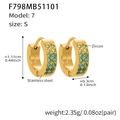 Detail view of U-shaped gold plated stainless steel earrings set with gradient zircons - Green Zirconia Earrings - Small