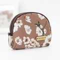 Coffee brown floral canvas semi-circle coin purse with HAND MADE label and key ring - Orange Morning Glory