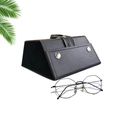 Foldable black PU leather glasses case with geometric metal frame sunglasses - Black Oversized (3 Slots - Silver Buckle)