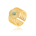Detail of bohemian gold ring with sunburst texture and oval turquoise stone inlay - Retro Sunburst Turquoise Style (J928)