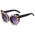 Cat eye sunglasses with black frame, purple gradient lenses and rhinestone floral details - Black Frame / White Rhinestone