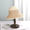 French vintage beige straw bucket hat with coffee stripes and a square metal logo - M (56-58cm) / Beige