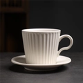 Japanese retro white ceramic coffee cup and saucer set with elegant vertical stripes - 250 Large Striped Roll Cup + Saucer (white) 360ml / Universal