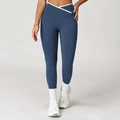 Leggings de yoga bleu foncé taille haute avec taille en V et détails blancs - S / Bleu Marine