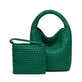 Green woven tote bag set with matching small pouch in minimalist cross-weave pattern - Leaf Green