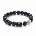 Black agate beaded bracelet with white turquoise stone and golden letter Y charm - Letter Y