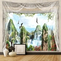 Detail of wall tapestry featuring a mountain waterfall landscape and eagle in a room - Mountain Waterfall Eagle Style (GT109957)