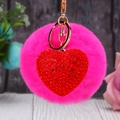 Rose red pom pom heart keychain with red rhinestones and gold plating for women - Heart Red + Rose Red Pom Pom