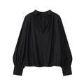 Elegant black silk satin V-neck blouse with long lantern sleeves and pleated details - XS / Black