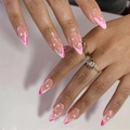Uñas postizas rosa cielo estrellado tipo almendra con texturas fluidas francesas - Estilo de Estrella con Degradado Rosa Blanco (JP1600)