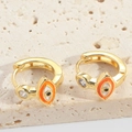 Golden evil eye hoop earrings with orange enamel details and clear rhinestone accent - Orange