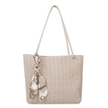 Beige Stroh-Stofftasche mit V-Webmuster und dekorativem Seidenschal am Griff - Weiß