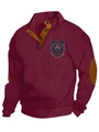 Burgundy cable-knit men's pullover with bear print, stand collar and elbow patches - S / Tops / Wine Red (Logo 4)