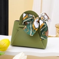 Grass green leather wedding favor box with a stylish printed silk ribbon handle - Navy Green
