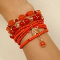 Set di bracciali bohémien multistrato con perline arancioni e rosse e ciondolo a foglia oro - Foglia Rosso Arancio Oro KC (48 Oro KC WG-599)