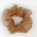 Beige organza scrunchie with sheer pleated texture on a white background - Coffee