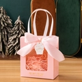 Pink gift bag with transparent window, satin bow, and Happy Birthday cupcake tag - Pink + Birthday Tag + Raffia
