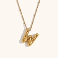 Detailed close-up of 18K gold plated 3D bubble letter W pendant necklace on bead chain - Gold-W