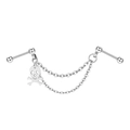 Silver stainless steel industrial barbell earring with dual chains and skull charm - Skull Style