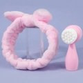 Pink cat paw facial cleansing brush set with soft plush bunny ear headband on purple background - Small Standing Brush + Pink Plush Hairband Set / Pink
