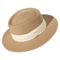 Dettaglio cappello di paglia a cima piatta con trama intrecciata e nastro beige - M (56-58cm) / Cappello Cachi + Nastro Beige