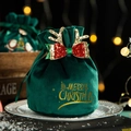 Dark green velvet Christmas apple gift bag with golden reindeer antlers and drawstring - Dark Green Small - Antler Bow Christmas Logo