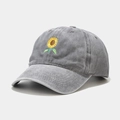 Detail of sunflower embroidery on gray washed cotton baseball cap with high texture - Adjustable / Gray
