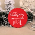 Detail view of red felt Christmas coaster with wavy edges and Merry Christmas print - Christmas Sock / Red