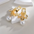 French vintage style gold flower and large pearl earrings set on white stone - One Pair / Gold