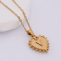 Golden heart pendant necklace featuring an engraved letter V with hammered matte finish - V (With Chain)