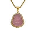 Pink jadeite Buddha pendant with crystal gold border and twisted chain necklace - Pink