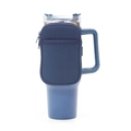 Blue 40oz neoprene water bottle sleeve with zipper pouch on a blue tumbler - Double Pocket Navy Blue