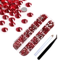 Macro shot of 12-grid nail art box with red rhinestones, picker pen, and tweezers set - Red Set with Dotting Pen & Tweezers