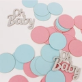 Pink and blue baby shower confetti with silver glitter Oh Baby text for gender reveal DIY - Silver Oh Baby + Pink Blue Round