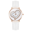 Elegant rose gold women's watch with heart rhinestone dial and white leather strap - White