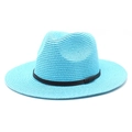 Detail of light blue straw fedora hat featuring compact weave and dark accent band - M (56-58cm) / Lake Blue