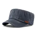 Vintage navy washed cotton cadet cap for men with adjustable flat top and leather patch - Adjustable / Navy Blue