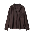 Camicia da donna in raso marrone scuro con taschino ricamato e colletto a risvolto - XS / caffè